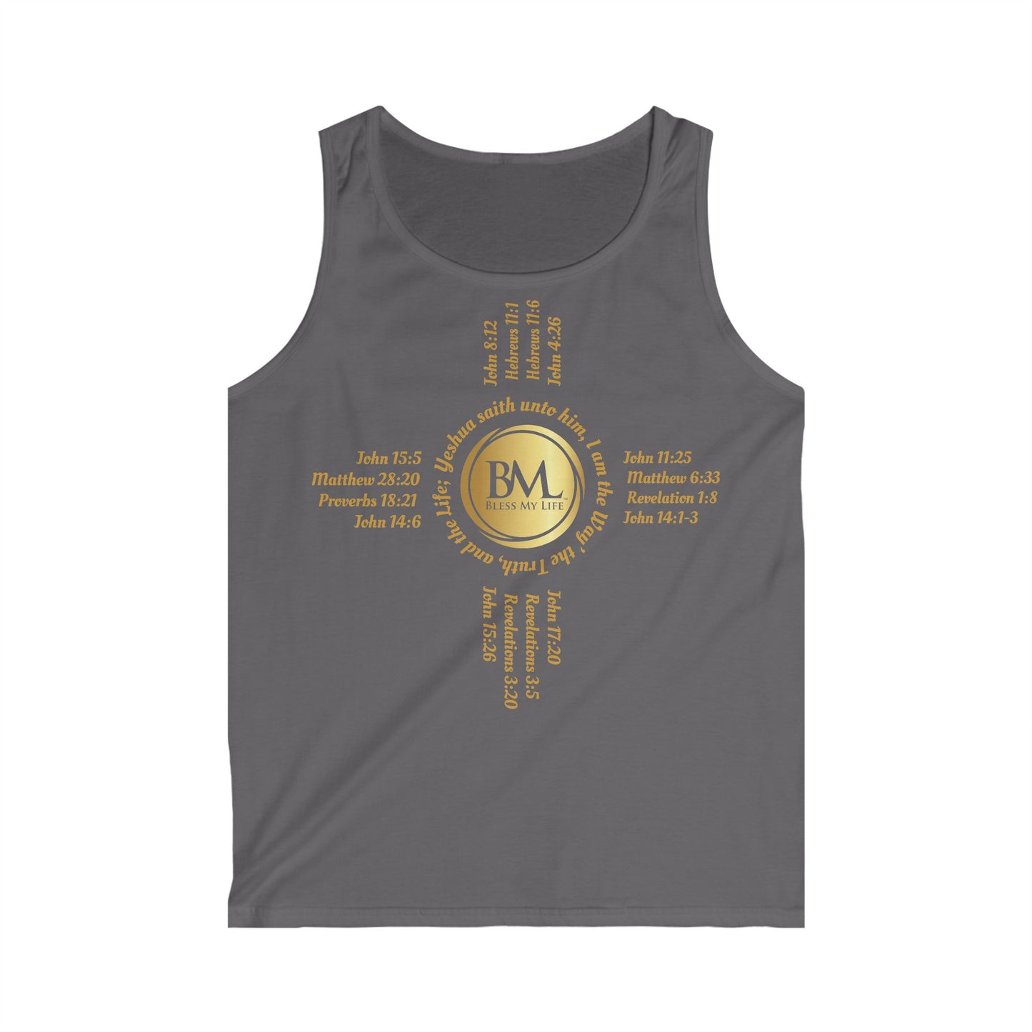 A New Mexican Favorite,Men's Softstyle Tank Top with Biblical Scriptures surrounding BML logo and in the form of the famed & respected Zia Pueblo Symbol