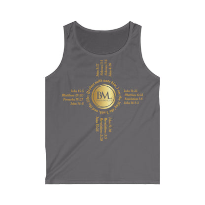 A New Mexican Favorite,Men's Softstyle Tank Top with Biblical Scriptures surrounding BML logo and in the form of the famed & respected Zia Pueblo Symbol