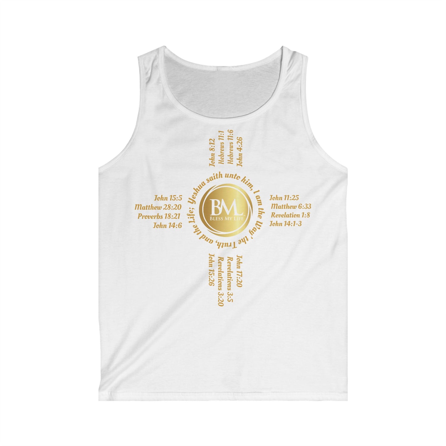 A New Mexican Favorite,Men's Softstyle Tank Top with Biblical Scriptures surrounding BML logo and in the form of the famed & respected Zia Pueblo Symbol