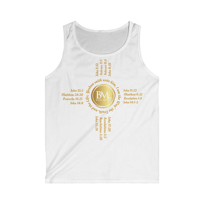 A New Mexican Favorite,Men's Softstyle Tank Top with Biblical Scriptures surrounding BML logo and in the form of the famed & respected Zia Pueblo Symbol