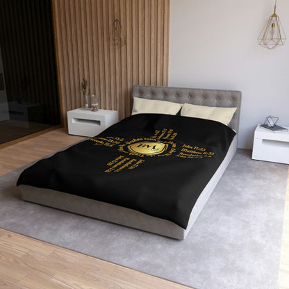 Literally COVER Yourself with Biblical Scriptures with this Zia Symbol Microfiber Duvet Cover, A New Mexico Icon & Favorite! Black Cover with Gold Zia!