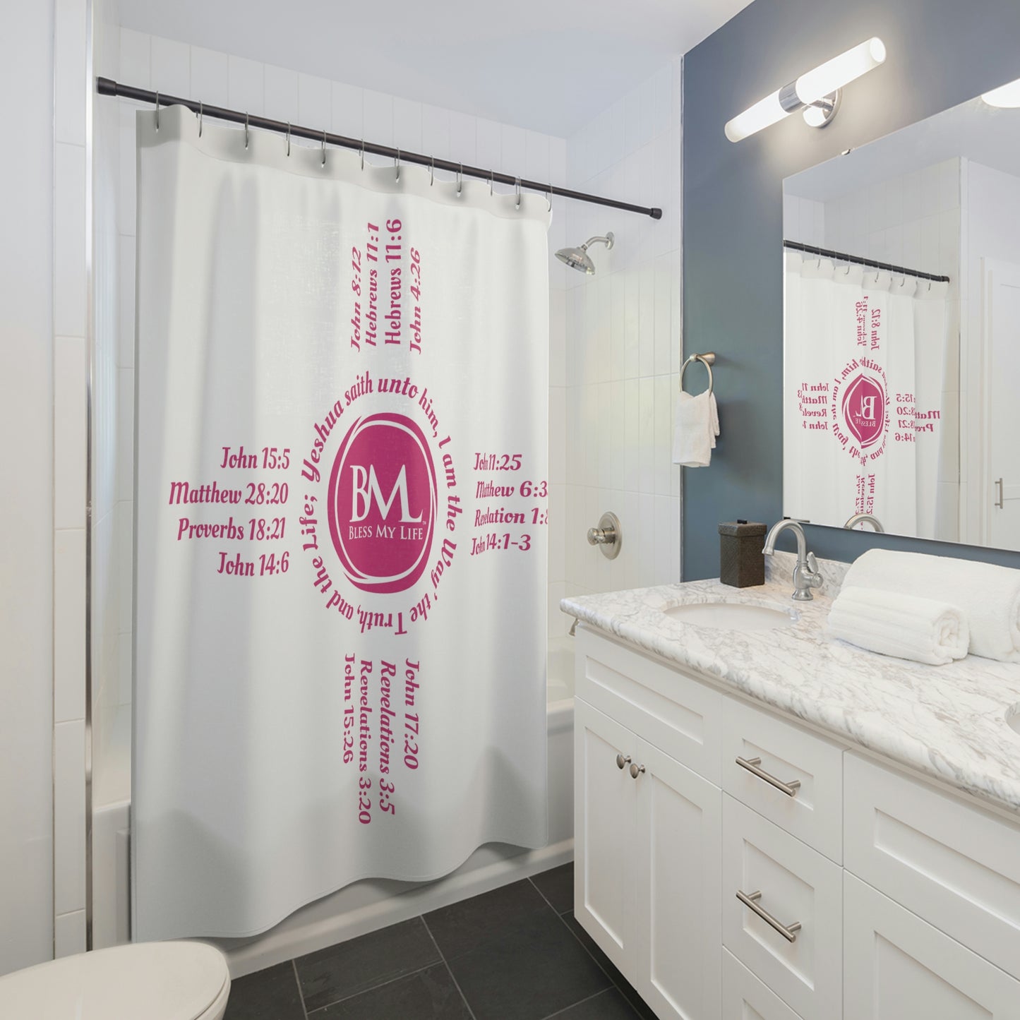 Zia Symbols with Biblical Scriptures, A New Mexico Icon & Favorite! White Shower Curtains with Pink Zia!