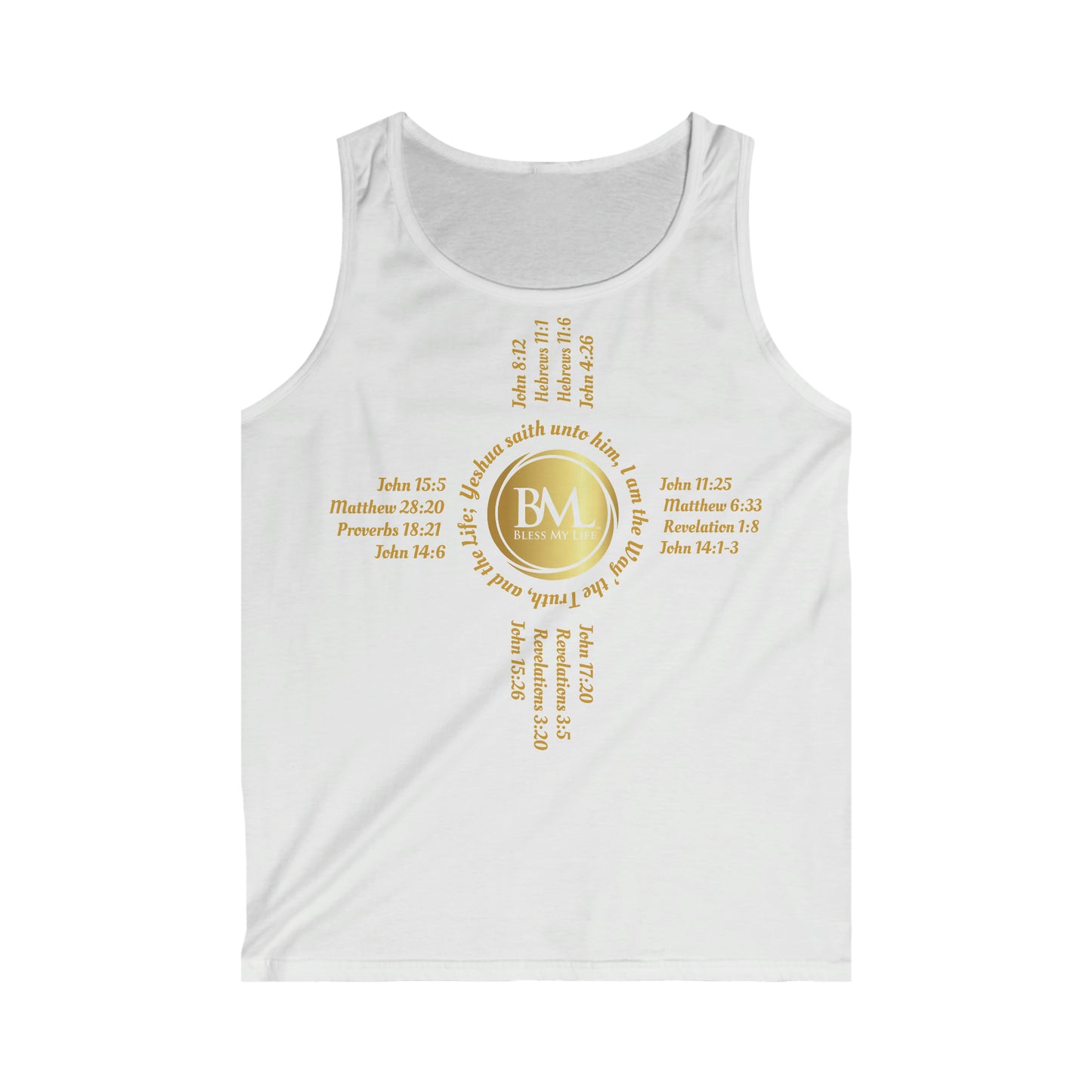 A New Mexican Favorite,Men's Softstyle Tank Top with Biblical Scriptures surrounding BML logo and in the form of the famed & respected Zia Pueblo Symbol