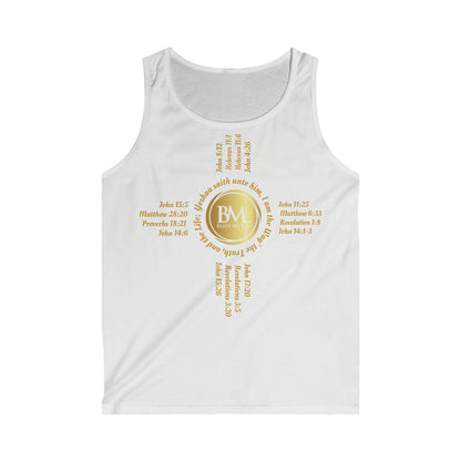 A New Mexican Favorite,Men's Softstyle Tank Top with Biblical Scriptures surrounding BML logo and in the form of the famed & respected Zia Pueblo Symbol