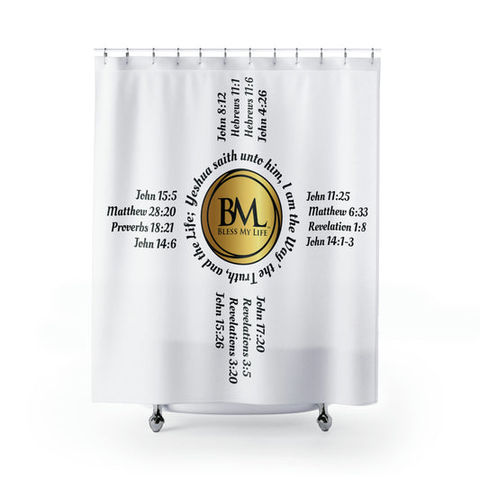 Zia Symbols with Biblical Scriptures, A New Mexico Icon & Favorite! White Shower Curtains with Gold and Black Zia!