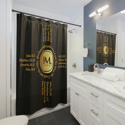 Zia Symbols with Biblical Scriptures, A New Mexico Icon & Favorite! Black Shower Curtains with Gold and Black Zia!