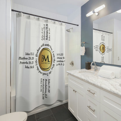 Zia Symbols with Biblical Scriptures, A New Mexico Icon & Favorite! White Shower Curtains with Gold and Black Zia!