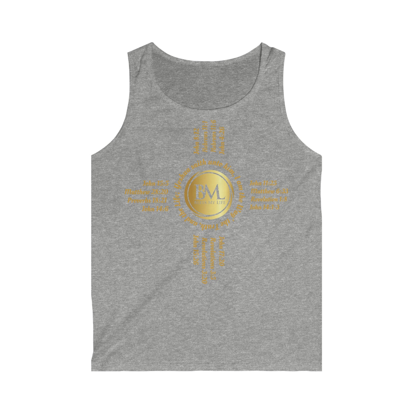 A New Mexican Favorite,Men's Softstyle Tank Top with Biblical Scriptures surrounding BML logo and in the form of the famed & respected Zia Pueblo Symbol