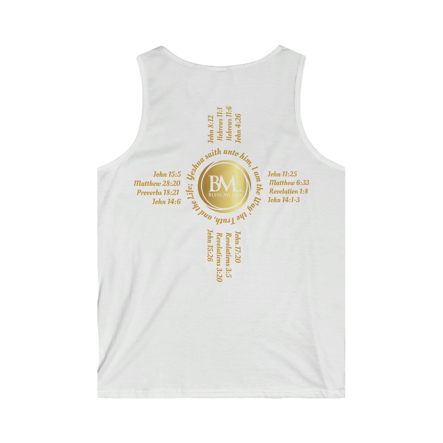 A New Mexican Favorite,Men's Softstyle Tank Top with Biblical Scriptures surrounding BML logo and in the form of the famed & respected Zia Pueblo Symbol