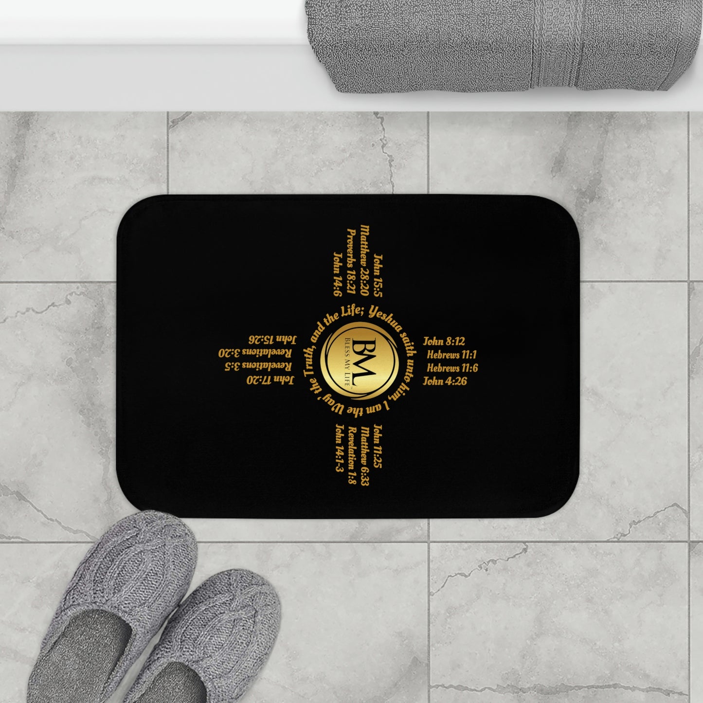 Black Bath Mat with Gold Zia Biblical Scriptures, A New Mexico Icon & Favorite!