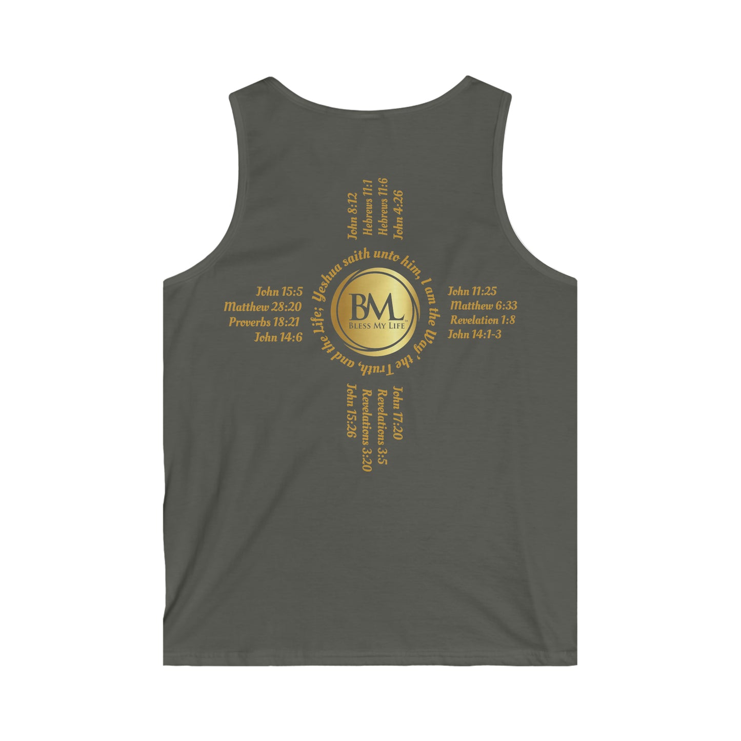 A New Mexican Favorite,Men's Softstyle Tank Top with Biblical Scriptures surrounding BML logo and in the form of the famed & respected Zia Pueblo Symbol