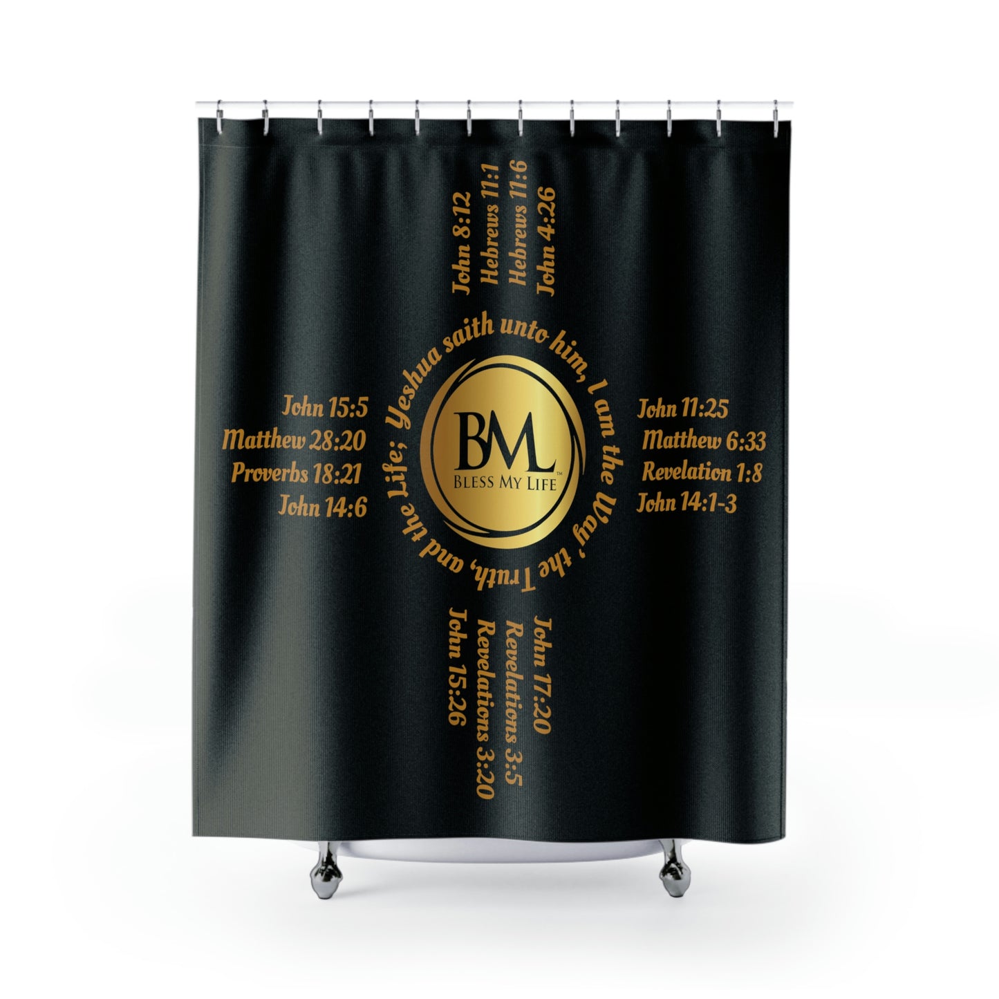 Zia Symbols with Biblical Scriptures, A New Mexico Icon & Favorite! Black Shower Curtains with Gold and Black Zia!