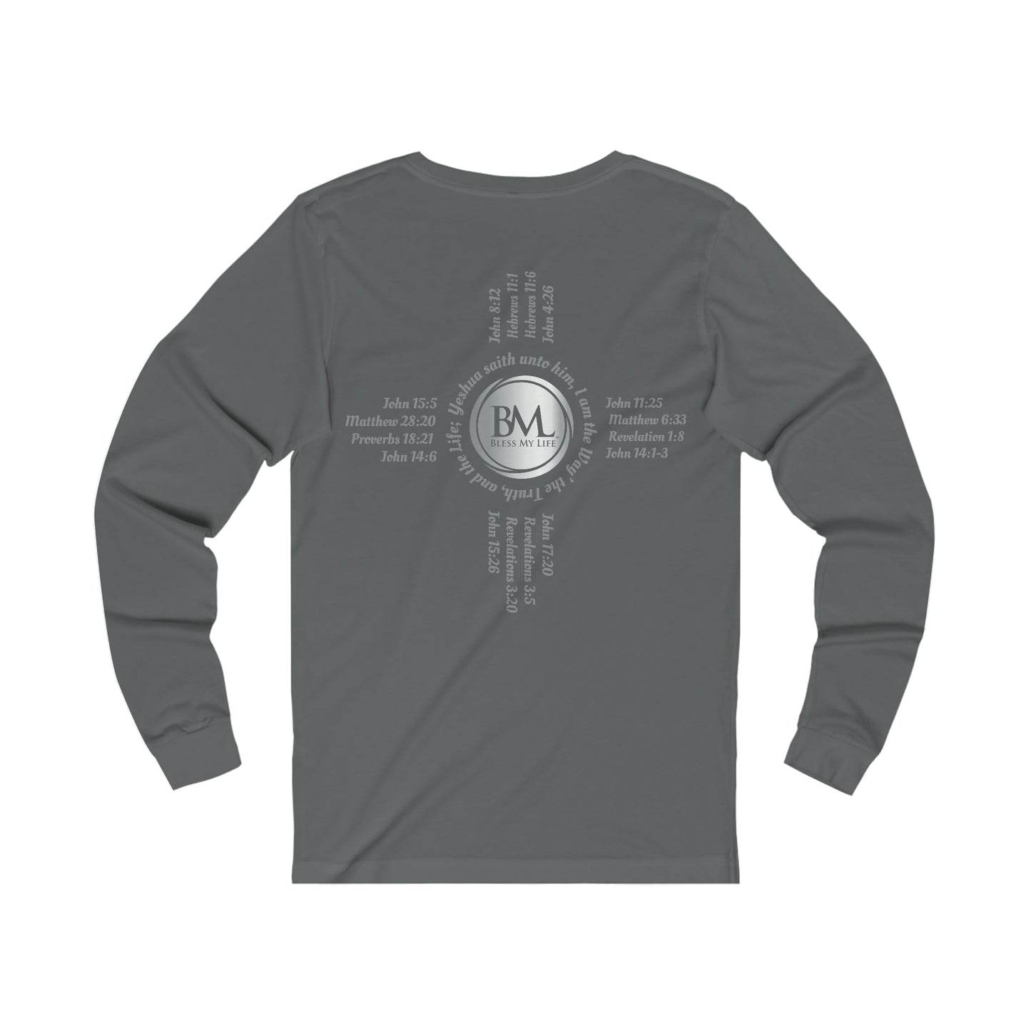 A New Mexican Favorite, Unisex Jersey Long Sleeve Tee with Biblical Scriptures surrounding BML logo and in the form of the famed & respected Zia Pueblo Symbol