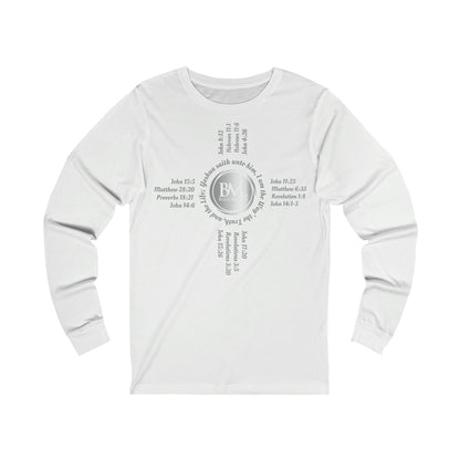 A New Mexican Favorite, Unisex Jersey Long Sleeve Tee with Biblical Scriptures surrounding BML logo and in the form of the famed & respected Zia Pueblo Symbol