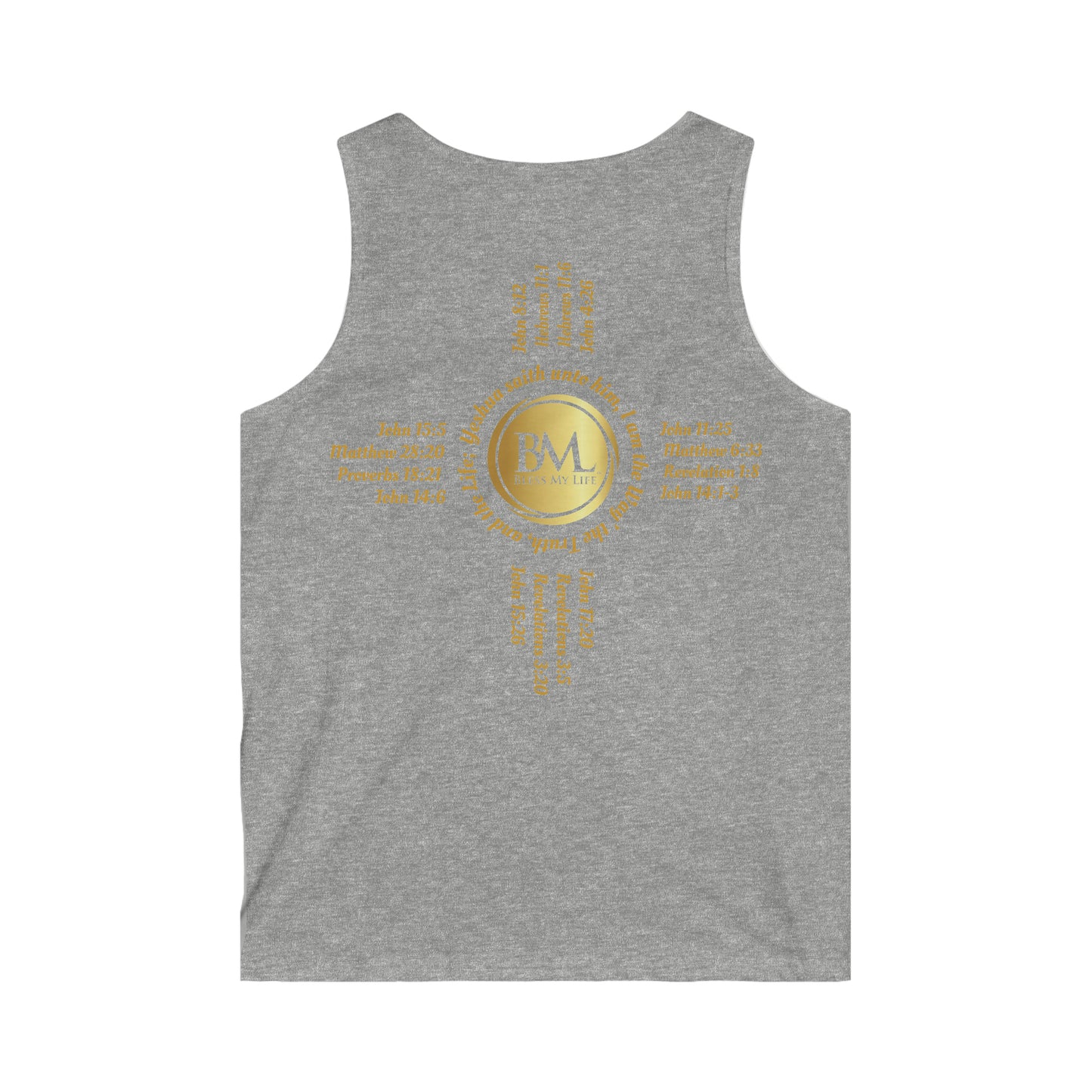 A New Mexican Favorite,Men's Softstyle Tank Top with Biblical Scriptures surrounding BML logo and in the form of the famed & respected Zia Pueblo Symbol