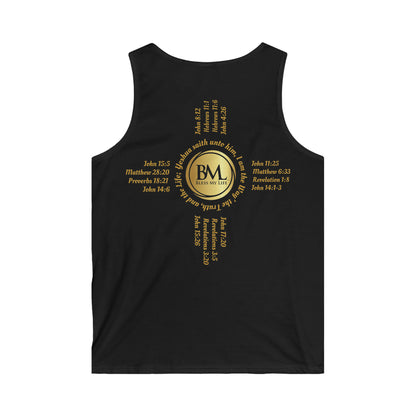 A New Mexican Favorite,Men's Softstyle Tank Top with Biblical Scriptures surrounding BML logo and in the form of the famed & respected Zia Pueblo Symbol