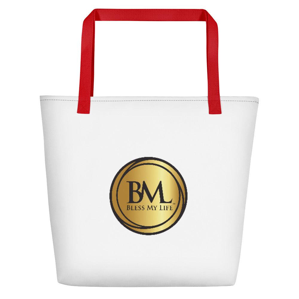 Bless My Life™, And Bless Yours Too™ Beach Bag Gold Logo w/ Black outline. Inside Pocket; Proverbs 3:15 She is more precious than rubies - Bless My Life ™