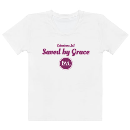 Saved by Grace, Ephesians 2:8 Bless My Life™ Women's White T-shirt Pink & Purple Logo