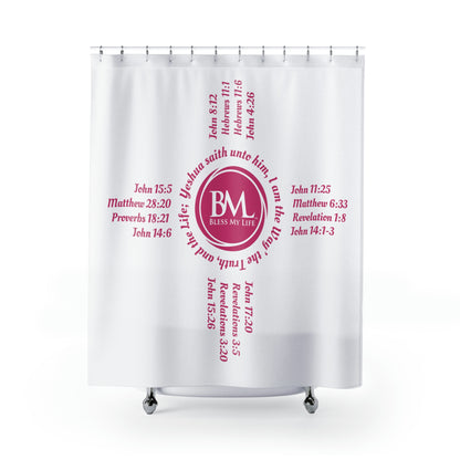 Zia Symbols with Biblical Scriptures, A New Mexico Icon & Favorite! White Shower Curtains with Pink Zia!