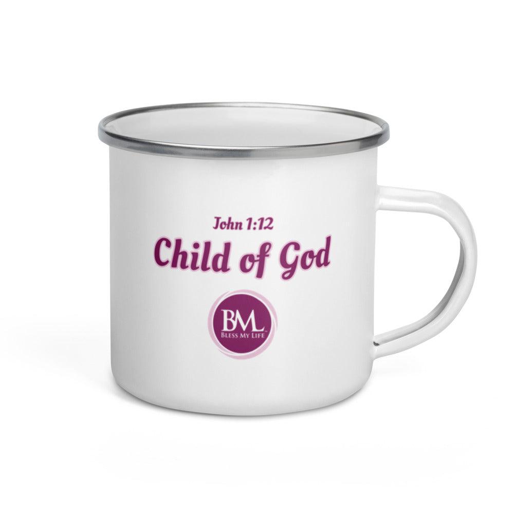 Child of God, John 1:12 one side, Saved by Grace, Ephesians 2:8 opposite side Enamel Mug - Bless My Life ™